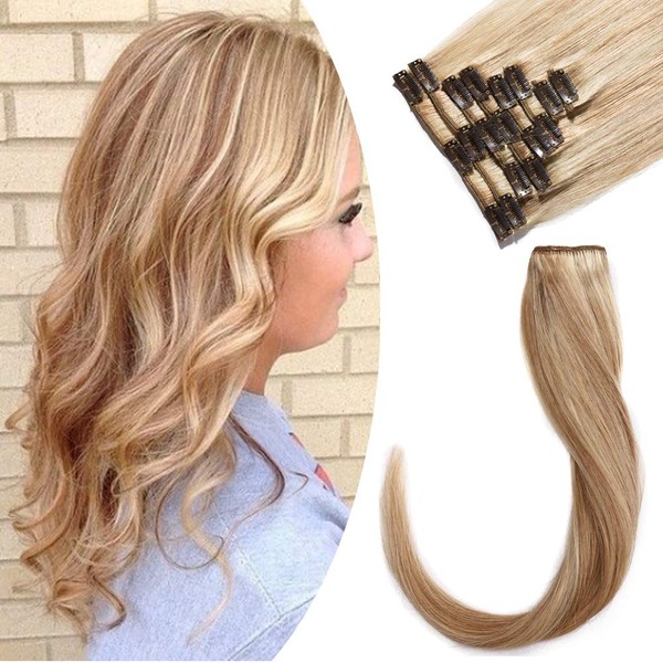 Clip in Remy Hair Extensions Human Hair Highlighted Blonde for Women 8inch 45g Light Short Seamless Clip on Real Hair Skin Weft Rooted Hairpiece 8pcs Weft Long Straight Full Head #18&613