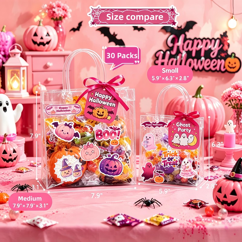 30 Pack PVC Halloween Goodie Bags,Clear Treat Bags with Tags