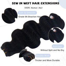 Sew in Bundles Hunan Hair Weft Extensions 22 Inch Body Wave Natural Black Hair Extensions Real Remy Hair Wefts Sew in 100G Hand Tied Weft Hair Extension Human Hair Bundles Weave Extensions for Women