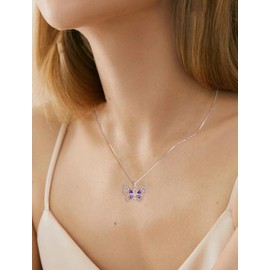 PYNZY Butterfly Pendant Necklace for Women 925 Sterling Silver Created Amethyst Birthstone Butterfly Pendant for Jewelry Gifts