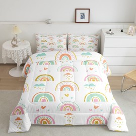 Feelyou Kids Boys Girls Rainbow Bedding Set Toddler Full, Comforter Set Rainbow Comforter Colorful Stripes Duvet Set with 2 Pillow Case Room Decor Quilt Set Bedding Collection