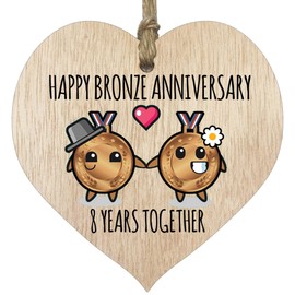 Stuff4 8th Wedding Anniversary Plaque Gift for Husband Wife - 8 Years Together - Happy Bronze Anniversary Wooden Heart for Women Men Partner, Light Wood Sign Keepsake Gifts