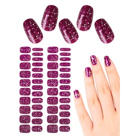 48 Pcs Semi Cured Gel Nail Polish Strips for Women, Self-Adhesive No UV Light Needed Glitter Nail Design Stickers for Nail Art Wraps (Purple)(Purple)