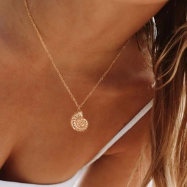 PRTGL Beach Necklace: 14k Gold Plated Big Nautilus Conch Shell Beach Necklace for Women 16.5”+2”