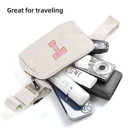 Didida Beige Mini Belt Bag with Letter Patch Boutique Crossbody Bag Fanny Pack for Men Women Cute Fashion Everywhere Bum Hip Waist Pack Travel Chest Bag with Adjustable Strap, Chenille Letter T