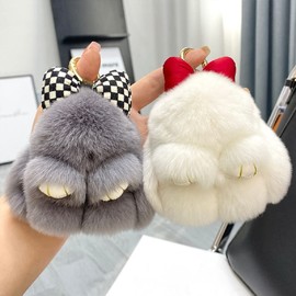 Soft Fluffy Rabbit Keychain Cute Plush Bunny Key Rings Plush Bunny Key Rings Faux Fur Keyring Pompom Keychain Decoration (grey)