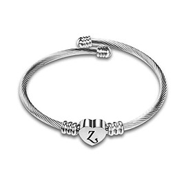 MiiFort Women's Initial Name Silver Cuff Bangle Letter Z Bracelet Love Heart Style Stainless Steel Family Sister Daughter Granddaughter Birthday