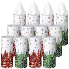 Fourluoo 12 Pack Christmas Tissue Boxes for Car Cylinder Bulk Red and Green Xmas Tree Round Cylinder Holder with 3 Ply Facial Tissues for Winter Christmas Travel Bathroom Office Accessories