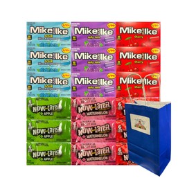 Assorted Candy Mix Variety Pack – Includes 3 Mike and Ike & 3 Now and Later Flavors – 18 Count – Fruity Chewy Candy – Individually Wrapped – Party Snack with Blue Paper Bag