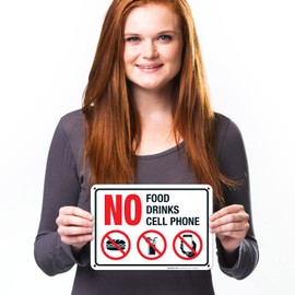 No Food, Drinks, Or Cell Phone Sign, 10x7 Inches, 55 mil Thick HDPS (high Density polystyrene), Made in USA