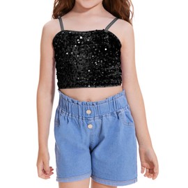CharmWM Girls Sleeveless Tank Top Sequin Spaghetti Strap Crop Cami Camisole Sparkly Dance Blouse Black