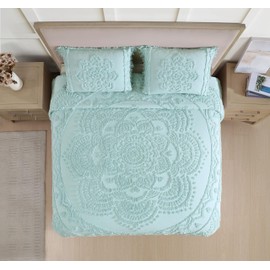 Beatrice Home Fashions Queen, Blue, Lotus Medallion 100% Cotton Chenille Bedspread, Soft, Cozy, Lightweight, Fringe