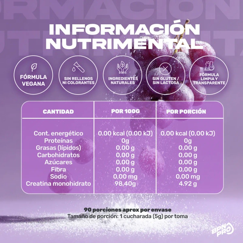 Creatina En Polvo Monohidratada Pura Sabor Uva BPN PRO 450g