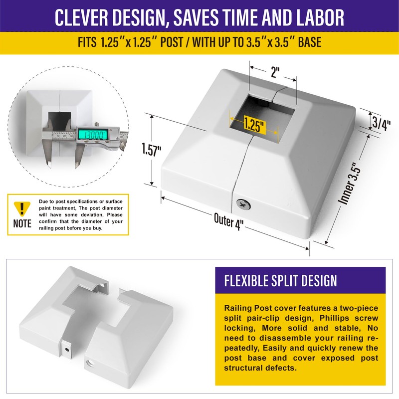 Hulave Split Post Base Cover, Fits 1.25"x1.25" Post/3.5"x3.5" Base, for