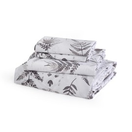 JSD White Grey Floral Cotton Sheet Set Queen Size, 300 TC Printed Sateen Bed Sheets Deep Pocket, Soft Breathable Wrinkle Free