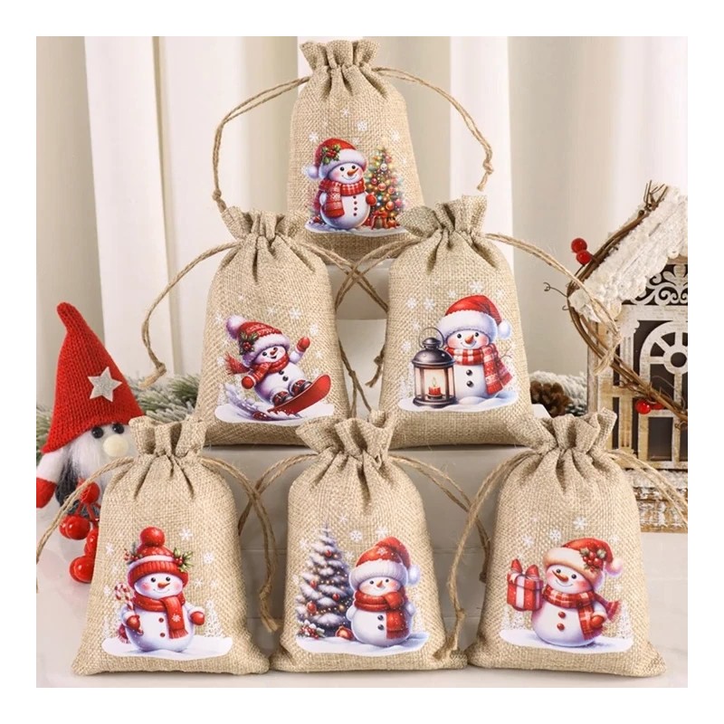 6pcs Reusable Christmas Snowman Gift Bags with Red Hat &