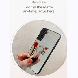 Mirror Case Compatible with Samsung Galaxy S23 Ultra Phone Cases Hard PC Back Silicone TPU Bumper Case with Diamond Ring Holder Finger Grip Kickstand Shockproof Cover for Women Girls Makeup(Silver)