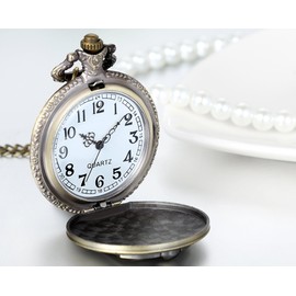 JewelryWe Retro Bronze Tim Burton's Nightmare Before Christmas Engraved Quartz Pocket Watch Necklace Locket Pendant 31" Chain