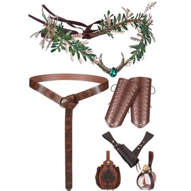 MOSTORY Renaissance Accessory Set Women - 6 Pcs Medieval Pouch Cork Potion Bottle Viking Faux Leather Gauntlet Wristband Dagger Holster Elf Crown for Cosplay Renfaire Costume Brown