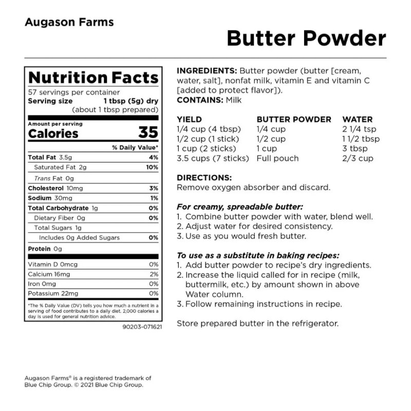 Augason Farms Butter Powder Resealable Pouch, Dehydrated Emergency Food 10