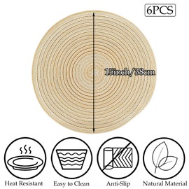 MuuXii Round Placemats for Dining Table 15 Inch, Braided Cotton Table Mats, Woven Fabric Place Mats Washable for Heat Insulation Kitchen, 6 Placemats, Beige