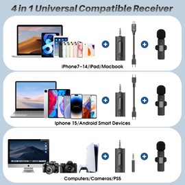 4 in 1 Professional Wireless Lavalier Microphone - 2 Pack Mini Microphone for iPhone Android Camera, Noise Reduction Lapel Mic Ultra Low Delay for Video Recording, YouTube, Interview, Tiktok and Vlog