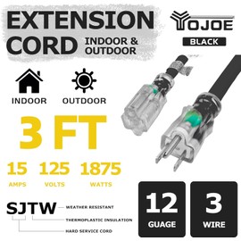 YOJOE 3 Foot Black Extension Cord, Lighted Outdoor 12/3 Cord, 12 Gauge 3 Prong SJTW Heavy Duty Extension Cable with 3 Prong Grounded Plug for Safety, UL Listed