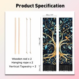 PLIGREAT 2 Pack Tree of Life Long Tapestry Vertical Leaves Birds Wall Hanging with Tassels Black Aesthetic Wall Tapestry for Bedroom Bathroom Living Room Long Narrow Home Hanging Decor