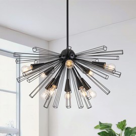 Modern 10-Light Sputnik Black Chandelier, Starburst Light Fixture for Living Room, Dining, Bedroom, Kitchen, Easy Installation, Adjustable Hanging, Lightweight, Durable, Bright