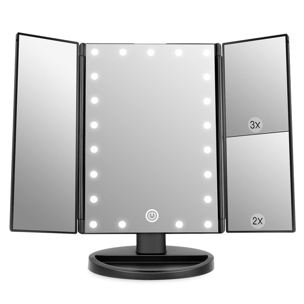 WEILY Makeup Mirror with 21 LED Lights,Two Power Supply Modes, Adjustable Touch Screen and 1x/2x/3x Magnification Tri-Fold Vanity Mirror, Gift for Women（Black）
