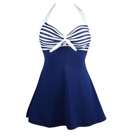 COCOSHIP White & Navy Blue Striped Vintage Sailor Pin Up Swimsuit One Piece Skirtini Cover Up Beachwear M(US8)