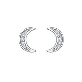 Moon Earrings Diamond Small Dainty Stud Crescent Moon Sterling Silver Earrings for Women 1/20 Carat (D Color, VVS Clarity)