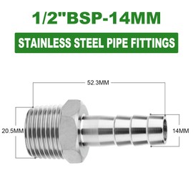 TAISHER 10PCS Forging of 304 Stainless Steel of Air Hose Fittings, 14MM Barb x 1/2" MBSP Pipe Adapter with with 10PCS Hose Clamp