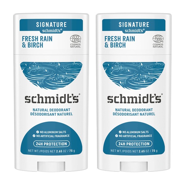 Schmidt's 100% Natural Origin Ingredient Deodorant Stick Fresh Rain & Birch 2 Count for 24-Hour Odor Protection 2.65 oz