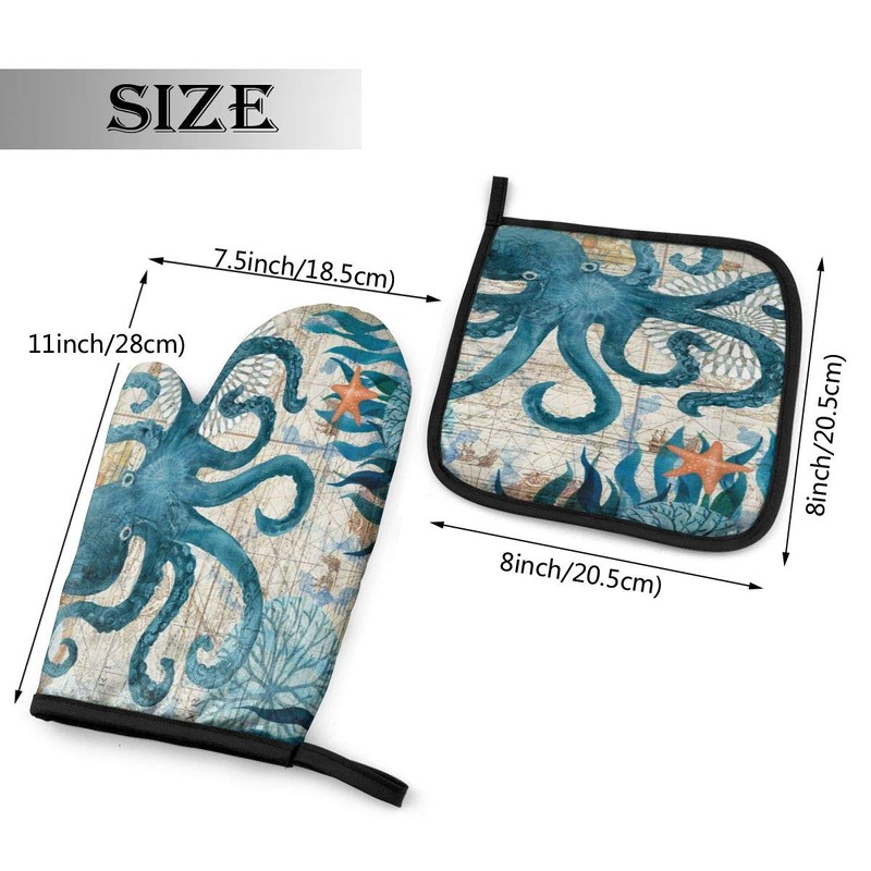 Abucaky Blue Octopus Nautical Map Oven Mitts and Pot Holders