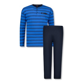 ADAMO Alex Series Men's Striped Long Sleeve Pyjamas in Royal Blue Crew Neck and Button Placket up to Plus Size 10XL, royal blue