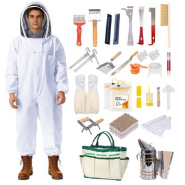 POLLIBEE 35Pcs Beekeeping Supplies Starter Kit with Bee Suit,Smoker & Frame Holder, Complete Bee Hive Tools Set with Oxford Bag for Beginner Beekeepers Men Women (XXL)