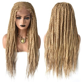 5.5X3.5" Swiss Lace Front Lightweight Twist Braids Wigs Micro Cornrow Half Box Heat Friendly African Hair Natural Look with Baby Hair Hand-made Braided for Black Women 31" (#27/613M Blonde)