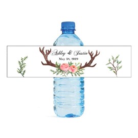 Water Color Antlers & Floral Wreath Themed Water Bottle Labels, Weddings, Birthday, Engagement Party, Sweet 16