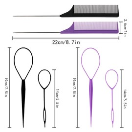 TRKETK 2 Pcs Ponytail Pull Through Hair Hoop Tool, Ponytail Holders French Braid Loop Tool with Rat Tail Comb Fast Hair Styling Accessories Rat Tail Comb for Braid, Making Women Style (2 Colors)