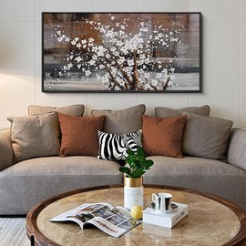 KLAKLA Framed Wall Art - Black Frame Canvas Wall Decor - Flower Picture Artwork for Wall - Large Paintings for Living Room Brown Background Bedroom Office Plum Blossom Art Prints 20x40