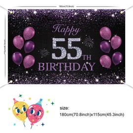 JOYKY Happy 55th Birthday Banner, Purple Happy 55th Birthday Party Decorations for Women Her, 55 Year Old Birthday Supplies Backdrop Décor, 5.9 X 3.8 Fts