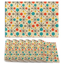 Mid Century Fifties Modern Atomic Retro Placemats Set of 6,12x18 Inch Table Mats for Kitchen Table Washable Farmhouse Linen Table Mats Dining Decoration