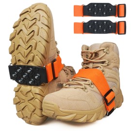 Ice Cleats Snow Traction Cleats for Walking on Snow and Ice, 7 Tungsten Studs Anti-Slip Overshoe Easily Rotate Crampons with Adjustable Straps, Orange and Black, 1 Pair/2 Pairs