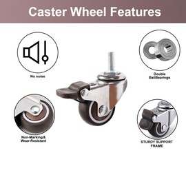 Kozuoan Mini Furniture Castors, Threaded Rod M8 x 20 mm, Low Profile Rubber Swivel Castors, Suitable for Small Trolleys, Furniture, Shelves, Set of 4, Load Capacity 80 kg (38 mm, 2 without Brakes + 2
