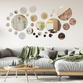 Kigley 64 Pcs Mirror Wall Stickers Adhesive Removable Acrylic Mirror Setting Frameless Circle Mirrors for Wall Decor Round Sticky Mirrors for Wall Bedroom Bathroom Living Room Decals (Large)