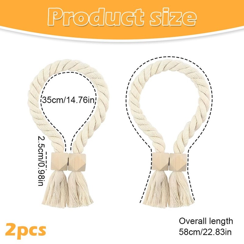 2-Pack Magnetic Curtain Tie Backs, 22.8" Braided Rope Holdbacks with
