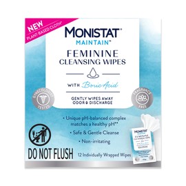 Monistat Maintain Feminine Wipes with Boric Acid for Feminine Care, Fragrance Free, 12 Ct