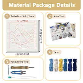 Doodlream Mountains DIY Punch Needle Embroidery Kit for Adult Beginner, 24cm Landscape Sunrise Punch Stitching Craft Set for Starter with Frame, Fabric Pattern, Threader, Yarn, Pinch Needle
