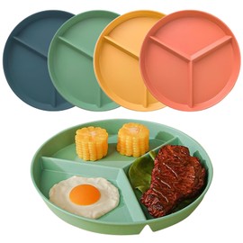 WYTNB Set of 4 Divided Dinner Plates, 24.5 cm Portion Control, Divided Plates with 3 Compartments, Round Reusable Dinner Plates, Separate Family Plates for Adults and Children